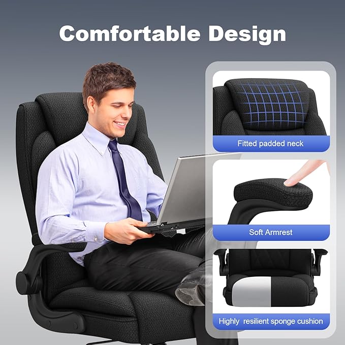 ralex-chair Big and Tall Office Chair -500 lb Heavy Duty Office Chair for Big Man, Fabric High Back Executive Office Desk Chair with 120° Tilt Rock,Computer Desk Chair with flip up arm - Black