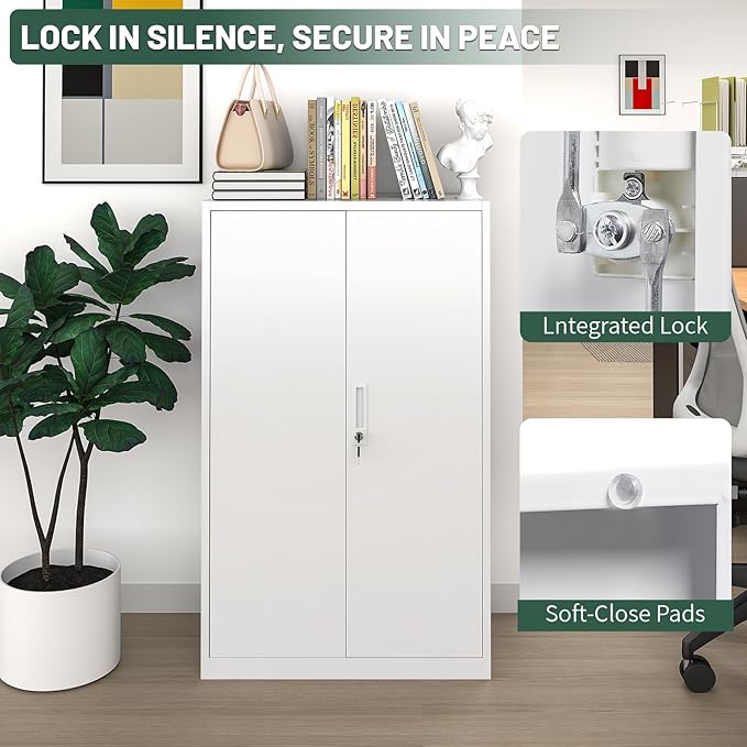 42" Folding Metal Storage Cabinet with Lock,2 Doors and 2 Adjustable Shelves,Quick Assembly Foldable Steel Cabinet for Office Home Garage,White