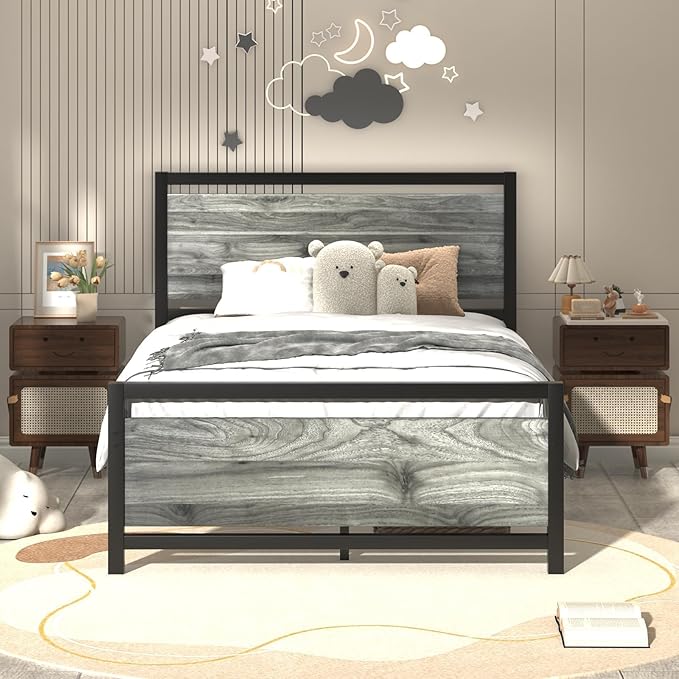 Twin Bed Frames with Headboard, Industrial Style Twin Bed Frame, Twin Size Bed Frames with Wooden Footboard, No Box Spring Needed, Noise-Free, Easy Assembly, Wash Grey