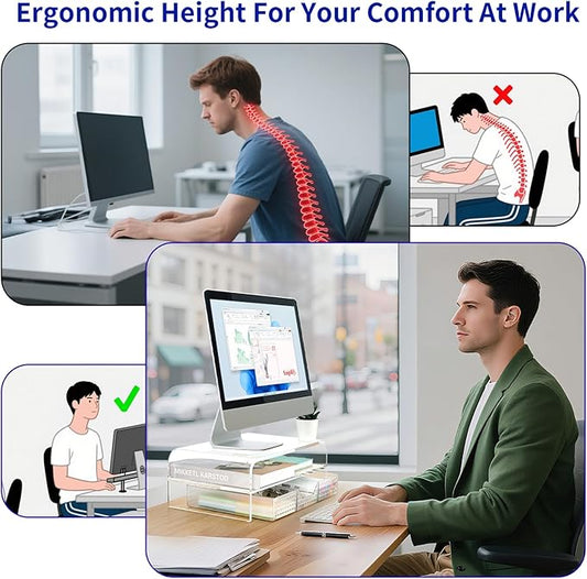 OPNICE Acrylic Clear Desk Organizers and Accessories, 2-Tier Computer Monitor Stand Riser with Drawer, Laptop Stand, Office Desk Accessories for Office Supplies, Transparent