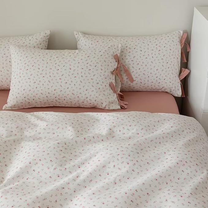 MKXI White and Pink Comforter Set - Queen Size with Flowers, Pink Stripes, Garden Theme - Soft, Floral Print Comforter