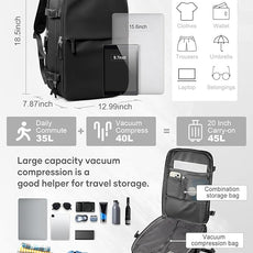 suwasp Vacuum Compression Backpack, 45L Expandable Travel Backpack with Electric Vacpack Pump, Travel Vacuum Bags with Shoe Compartment/17inch Laptop Compartment/Waterproof Pocket, Black