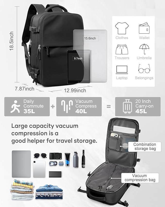 suwasp Vacuum Compression Backpack, 45L Expandable Travel Backpack with Electric Vacpack Pump, Travel Vacuum Bags with Shoe Compartment/17inch Laptop Compartment/Waterproof Pocket, Black
