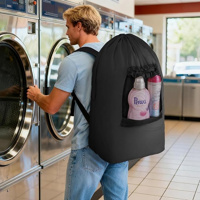 Lifewit 90L Laundry Bag, Extra Large Laundry Backpack with Shoulder Straps and Mesh Pocket for Laundromat, Heavy Duty Laundry Bag Backpack for Dirty Clothes for College Dorm/Travel/Apartment, Black