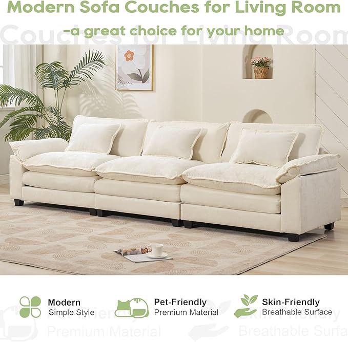 120" Modular Sectional Sofa, Comfy Cloud Couch Sectional Sofa, Chenille Sofa Sleeper Deep Seat Sofa with Throw Pillows for Living Room (Beige White, 120"- 3 Seater)