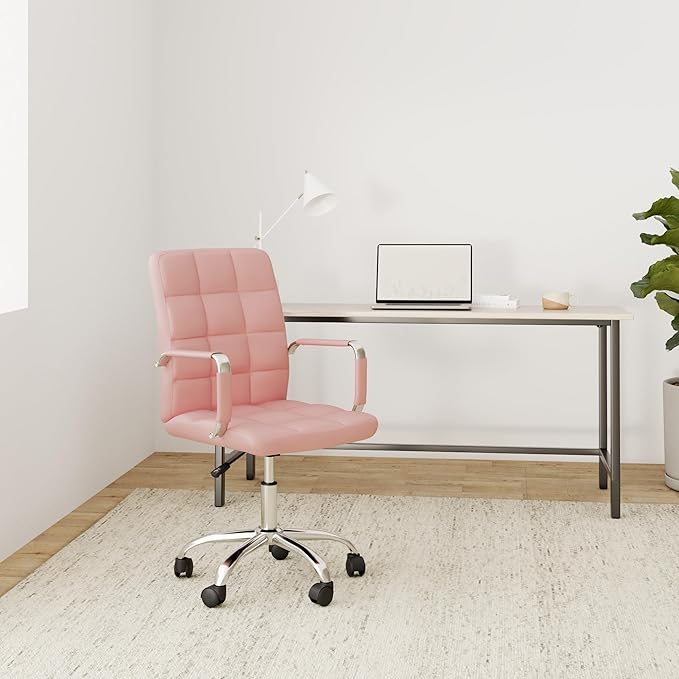 High Back Desk Chair, Modern PU Leather Home Office Task Chair with Arms, Adjustable Swivel Computer Executive Chair with Wheels (Pink)