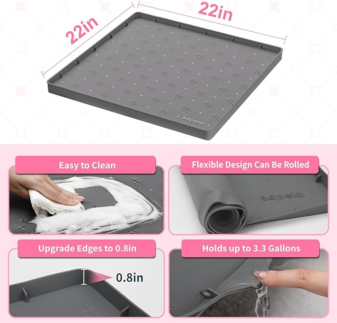 Sdpeia Under Sink Mat 22"×22" Waterproof Silicone Cabinet Liner & Sink Protector for Kitchen & Bathroom, Multi-Purpose Organizers Tray for Pets, Laundry, Cat Litter Mat,Gray