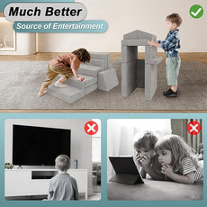 Play Couch Comfy Modular Sofa Futon Set, Convertible Folding Memory Foam Couches Versatile Floor Cushion Fort Set for Living Room Playroom Furniture (Grey)