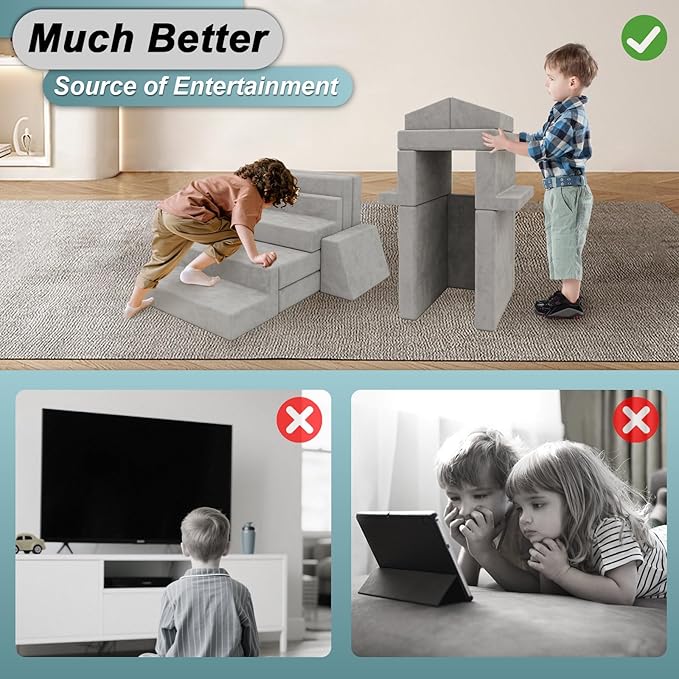 Play Couch Comfy Modular Sofa Futon Set, Convertible Folding Memory Foam Couches Versatile Floor Cushion Fort Set for Living Room Playroom Furniture (Grey)