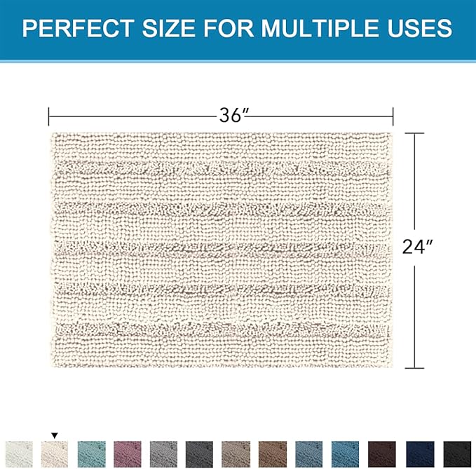 H.VERSAILTEX Bath Mats for Bathroom Non Slip Extra Thick Chenille Striped Bath Rug 24" x 36" Absorbent Non Skid Fluffy Soft Shaggy Rugs Washable Dry Fast Plush Mats for Indoor, Bath Room, Tub - Ivory