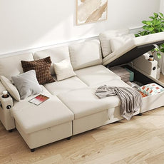 DURASPACE Sofa Bed Pull Out Couch Sleeper with Double Storage Chaise, U Shaped Convertible Sectional Sleeper Sofa for Living Room with USB Charging Ports, Cup Holder (Beige)