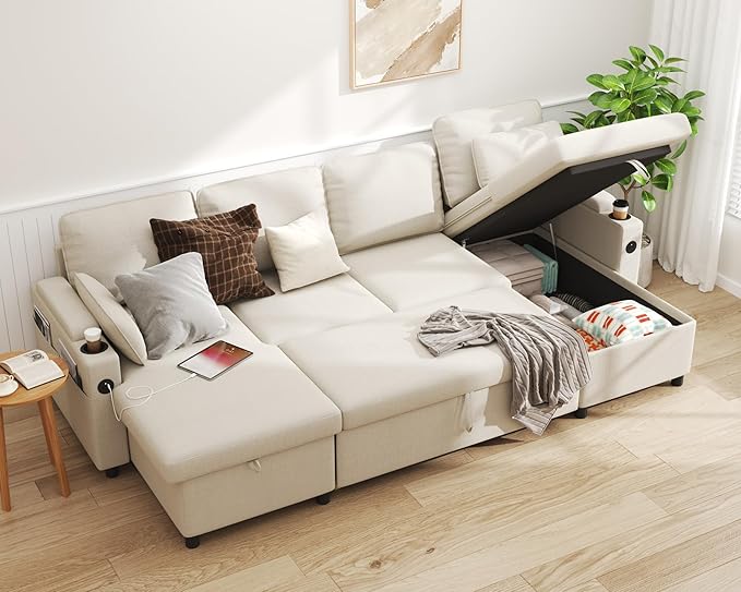 DURASPACE Sofa Bed Pull Out Couch Sleeper with Double Storage Chaise, U Shaped Convertible Sectional Sleeper Sofa for Living Room with USB Charging Ports, Cup Holder (Beige)