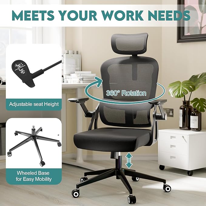 Ergonomic Office Chair - 400LB Comfy Desk Chairs with Adjustable Headrest and Lumbar Back Support, Mesh Computer Chairs with Wheels and Arms for Home Office, Study (218Black-With Headrest-New)