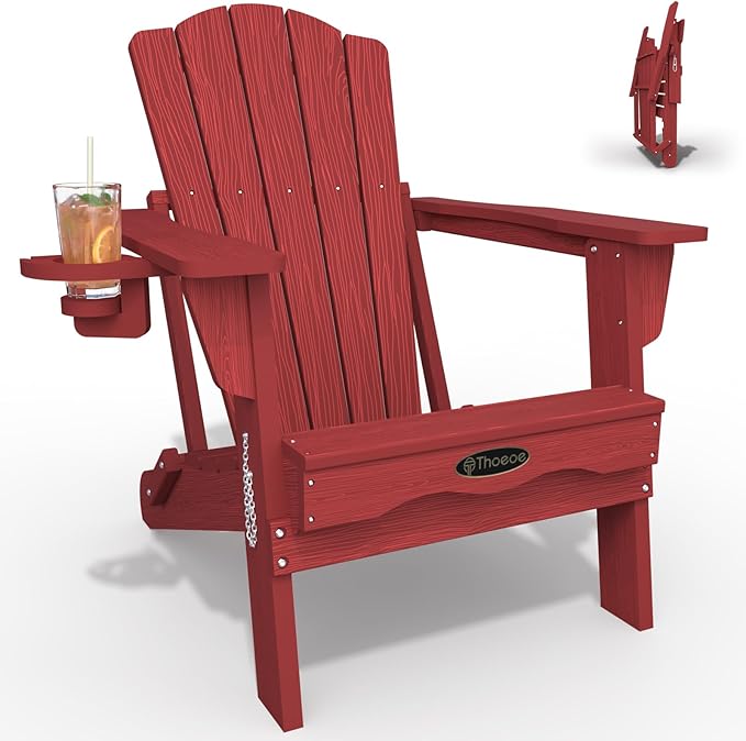 Adirondack Chair, Folding All-Weather Outdoor HDPE Patio Chair with Cup Holder, Red