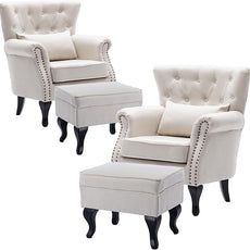 Set of 2 Mid-Century Modern Accent Chair with Ottomans, Linen Fabric Armchair w/Tufted Back/Wood Legs, Upholstered Lounge Arm Chair Single Sofa for Living Room Bedroom, Beige