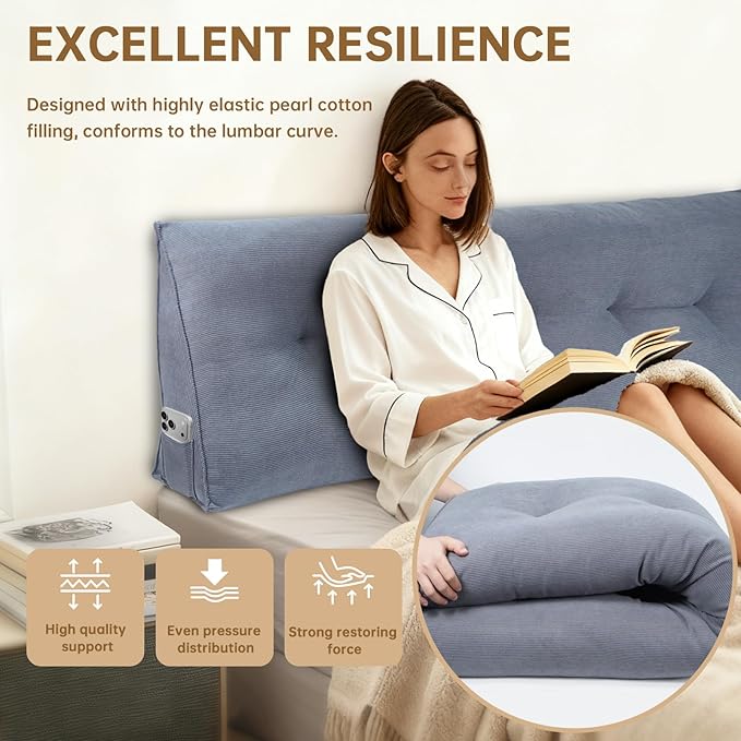 Headboard Pillow Twin Bed Wedge Pillow for Dorm, Daybed, Back Support, Sitting Up, Reading, Relaxing, Beige Cream