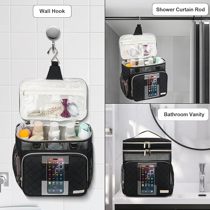 Portable Shower Caddy College, Quickly Dry Tolietry Mesh Tote Bag for Dorm Room Essentials, Hanging Bathroom Organizer Bag for Travel, Gym, Camping (Black)