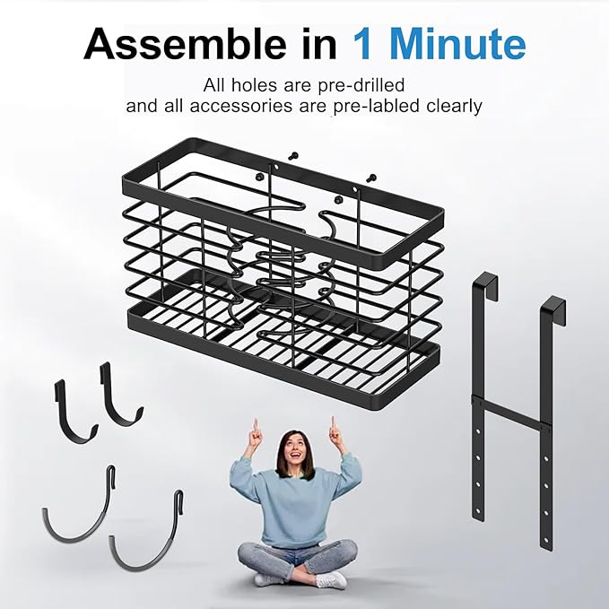 Hair Tool Organizer, 3-in-1 Universal Hair Dryer Holder, Adjustable Height Metal Blow Dryer Holder Wall Mounted/Over Cabinet Door/Free-Standing (Black)