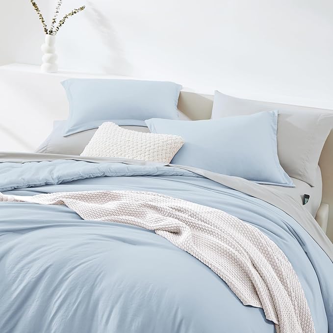 WRENSONGE King Comforter Set, 7 Pieces Ice Blue Soft Bed in a Bag King with Fitted Sheet, Flat Sheet, 2 Pillow Shams, and 2 Pillowcases- Warm Bedding Set for All Season