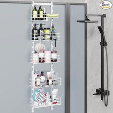 Orimade Over the Door Shower Caddy Adjustable 5 Tier Black,Bathroom Hanging Organizer Shelf Rustproof with 4 Hooks,Shower Basket with Soap Holder and Suction Cup, White