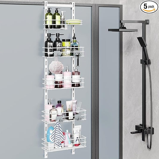 Orimade Over the Door Shower Caddy Adjustable 5 Tier Black,Bathroom Hanging Organizer Shelf Rustproof with 4 Hooks,Shower Basket with Soap Holder and Suction Cup, White
