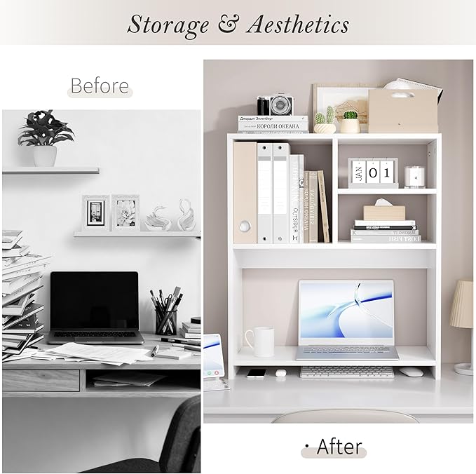 Jerry & Maggie Desktop Bookshelf Organizer, 4-Tier Desk Shelf with Hutch for Computer Desk, Wall Shelf Organizer & Room Decor Aesthetic, Dorm & Office Storage for Books, Laptop (White/26 in)