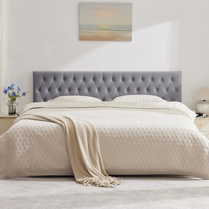 Kingfun Cal King Headboard only, Premium Velvet Upholstered Headboards in Modern Button Design, Tufted Bed Headboard, Adjustable Solid Wood Head Board (Grey)