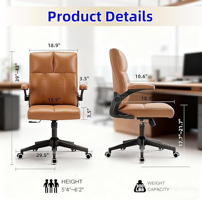 Ergonomic Home Office Desk Chair with Space Saving Flip-Up Arms, 360° Swivel & Reclining Back, Executive Chair in Soft Faux Leather Chair Multi-Angle from 90° to 135° with 450LBS Capacity(Brown)