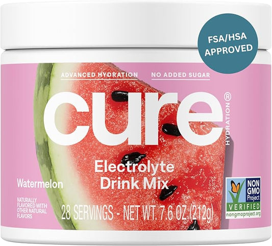 Cure Hydration | Plant-Based Electrolyte Drink Mix | No Added Sugar | FSA-HSA | Dehydration Relief Powder Made with Coconut Water | Non-GMO | Vegan | 28 Servings Jar - Watermelon