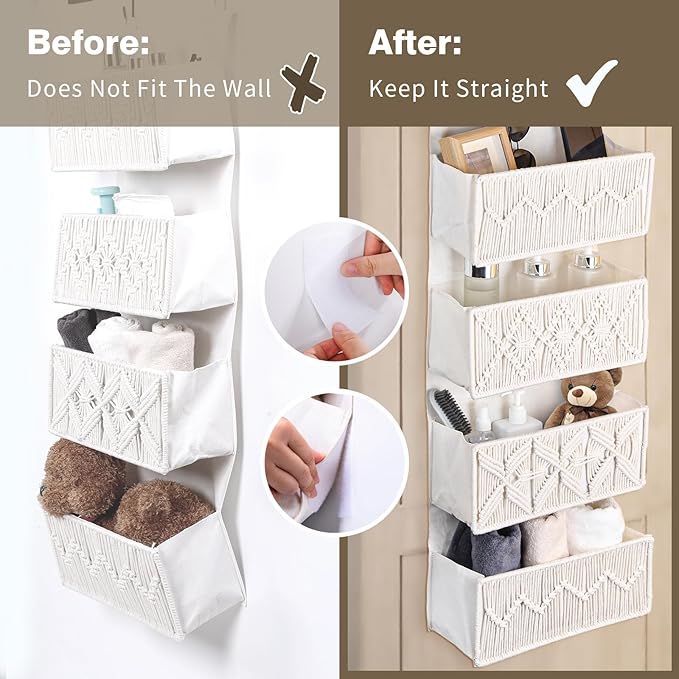 Over the Door Organizer Macrame Boho Nursery Storage with 4 Large Woven Pockets, Hanging Basket for Bathroom, Nursery & Closet Doors, Behind the Door Storage Organizer, Cream White