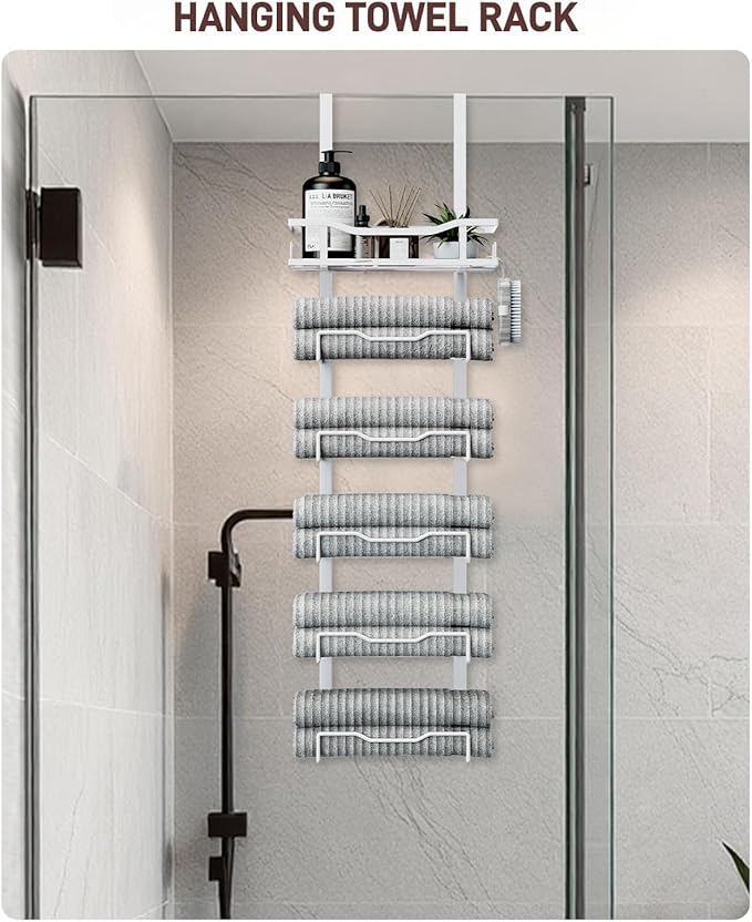 Hanging Towel Racks for Bathroom No Drill - Over The Door 6-Tier Bath Towel Storage Organizer for Small Bathrooms - Back Door Large Tiered Towel Holder Hanger for Rolled Towels RV Camper White