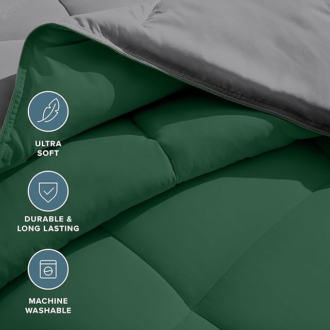Bare Home Queen Comforter - Reversible Colors - Goose Down Alternative - Ultra-Soft - Premium 1800 Series - All Season Warmth - Bedding Comforter (Queen, Grey/Forest Green)