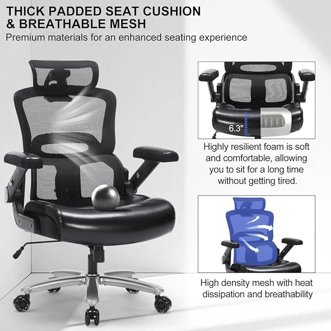 Ergonomic Office Chair:PU Leather Executive Office Computer Desk Chair with High Back Mesh and Adjustable Lumbar Support Rolling Work Swivel Task Chairs Home Meeting Computer Gaming Desk Chair-500Lbs