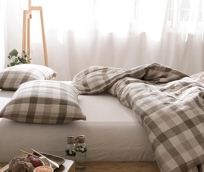 VM VOUGEMARKET Beige Grey Gingham Duvet Cover Queen Muslin Cotton Plaid Bedding Set Soft Breathable Linen Like Gauze Comforter Cover with Zipper Closure for Teen Men-3 Pieces,90"x90"