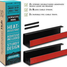 No-Screw Under Desk Cable Management Tray - Self-Adhesive Installation, Cord Management, Cable Tray, Under Desk Wire Organizer - Black Set of 2
