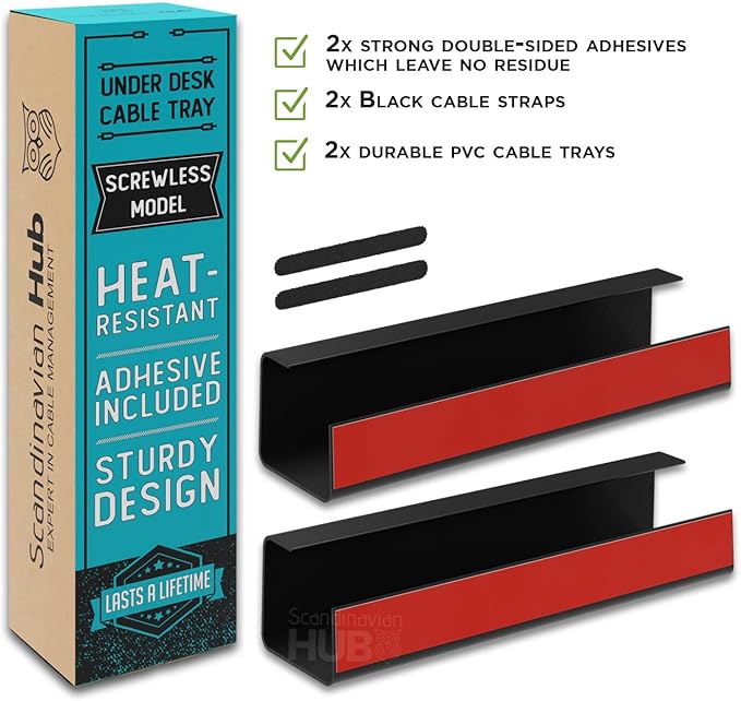 No-Screw Under Desk Cable Management Tray - Self-Adhesive Installation, Cord Management, Cable Tray, Under Desk Wire Organizer - Black Set of 2