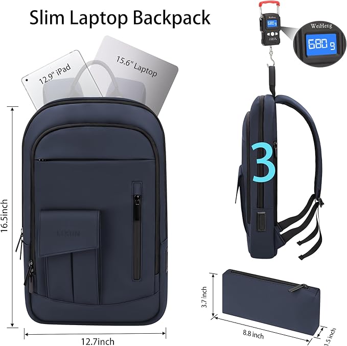 Business Backpack for Men Slim Lightweight Laptop Backpack Water Resistant Small Office Backpack for Commute Travel Daily Office Work with Small Bag (Blue)