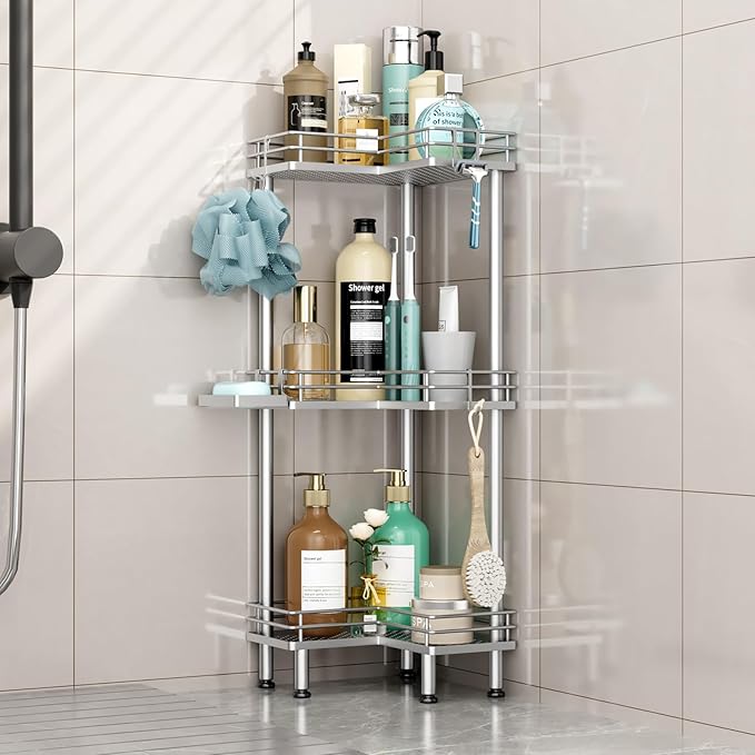 HapiRm Corner Shower Caddy Standing - 3 Tier Shower Organizer Corner with Soap Holder, Rustproof Bathroom Standing Organizer with 4 Hooks, Silver