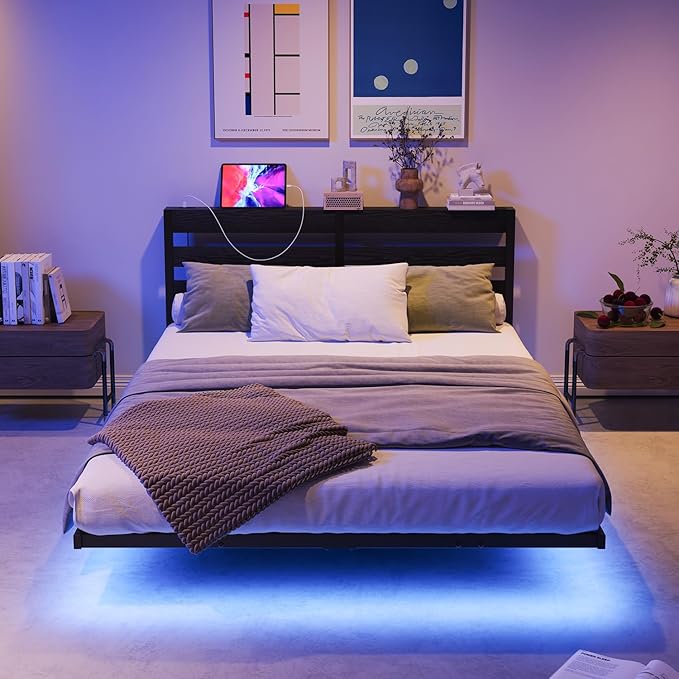 Floating Bed Frame Full Size with USB Charging Station, LED Bed Frame with Storage Headboard, Black Metal Platform Bed Double Size, No Box Spring Needed, Noise Free, Easy to Assemble