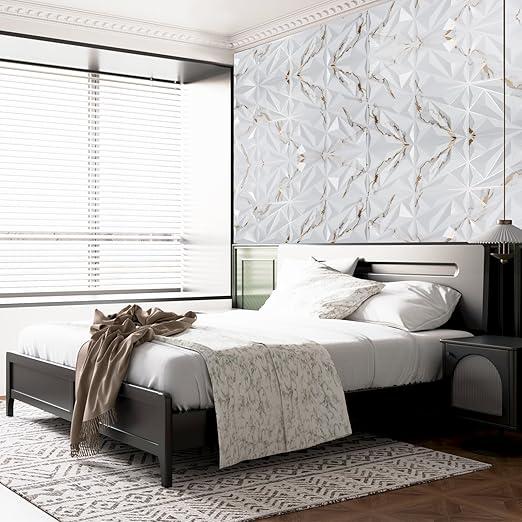 Art3dwallpanels 33 Pack 3D Wall Panel Diamond for Interior Wall Décor, PVC Textured Wall Panels, 12''x12'' Cover 32.Sq.Ft. Gold Veined White