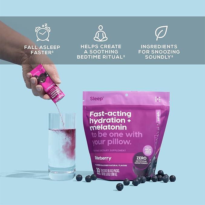 Hydrant - Sleep Electrolyte Powder, Elderberry Flavor, 30 Rapid Hydration Individual Stick Packs - Sleep Blend of Melatonin, L-Theanine, Magnesium, & Chamomile