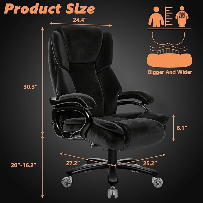500lbs Fabric Big and Tall Office Chair,500lbs Heavy Duty Office Chair for Heavy People, High Back Executive Computer Chair with Adjustable Lumbar Support, Dual Rubber Wheel