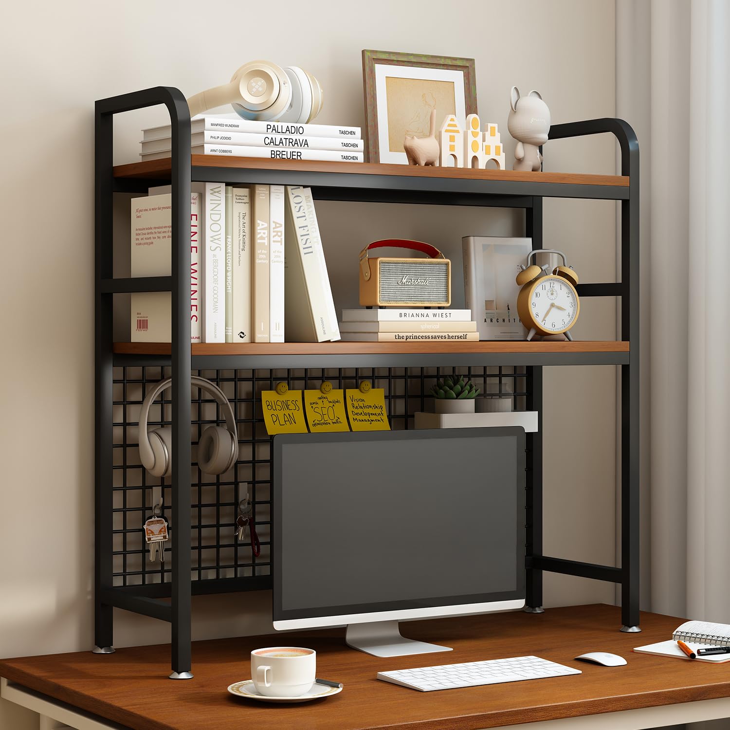 IOTXY 2-Tier Desktop Hutch Bookshelf - Metal Desk Shelf Bookcase with Grid Panel, Countertop Storage Organizer Rack for Dorm or Office, White, 37.4" W
