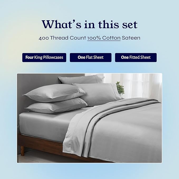 California Design Den 6-Pc King Size Sheet Set with 4 Pillowcases - Soft 400 Thread Count 100% Cotton Sheets, Sateen Weave, Deep Pocket Bedsheets Set - Light Grey