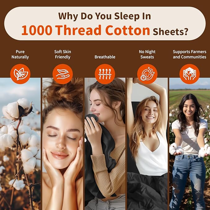 LBRO2M 1000 Thread Count 100% Cotton Sheets Set,King Size Bed Sheet 4 Piece Sets,Long Staple,16 Inches Deep Pocket,All Season,Bedding Super Soft Comforterble Breathable,Sateen Weave(Black)