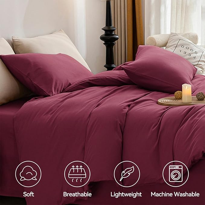 JELLYMONI Burgundy Duvet Cover Queen Size - 100% Washed Cotton Linen Like Textured Comforter Cover, 3 Pieces Breathable Soft Bedding Set with Zipper Closure (Burgundy, Queen 90"x90")