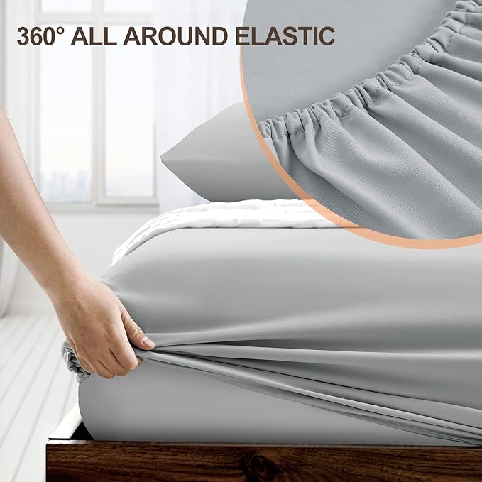 FreshCulture Full Fitted Sheet - Hotel Quality Fitted Sheet - Ultra Soft & Breathable - Brushed Microfiber - Deep Pocket - Cooling Fitted Sheets for Full Size Bed (Light Grey)