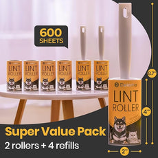 Lint Roller 600 Sheets (2 Rollers + 4 Refills) - Lint Rollers for Pet Hair Extra Sticky, DELOMO Mega Value Pet Hair Removal Tool for Clothes/Couch/Furniture/Car - Ideal Home Gift for Pet Owners