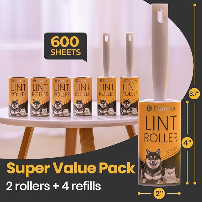 Lint Roller 600 Sheets (2 Rollers + 4 Refills) - Lint Rollers for Pet Hair Extra Sticky, DELOMO Mega Value Pet Hair Removal Tool for Clothes/Couch/Furniture/Car - Ideal Home Gift for Pet Owners