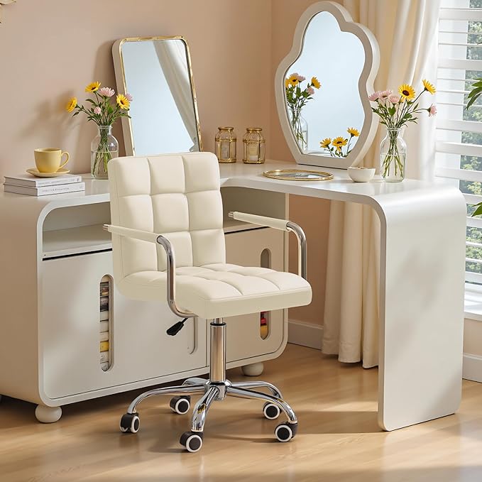 Furmax Mid-Back Office Task Chair Ribbed PU Leather Executive Chair Modern Adjustable Home Desk Retro Comfortable Work Chair 360 Degree Swivel with Arms (Beige)